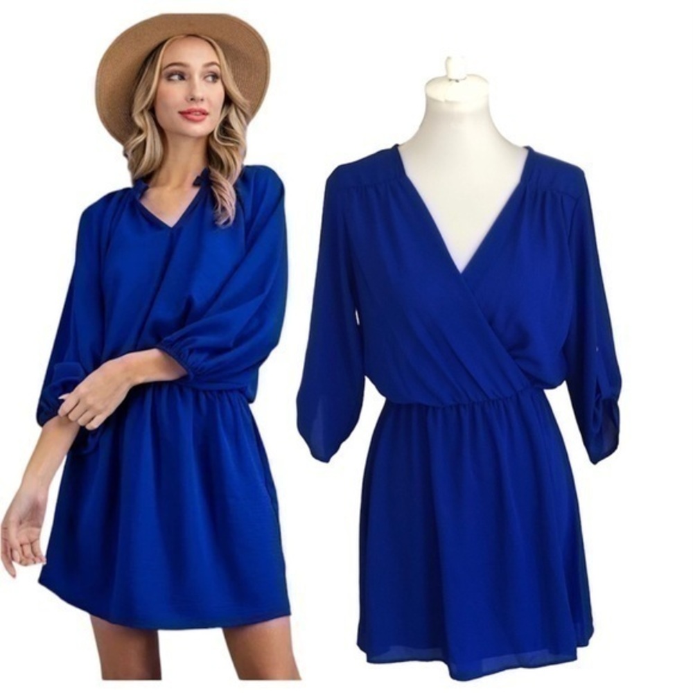 Tovia blue wrap dress with three-quarter length sleeves